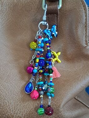 PURSE OR BAG CHARM Handcrafted Colorful Dark Brights/Siver Palette, Fun, 5"